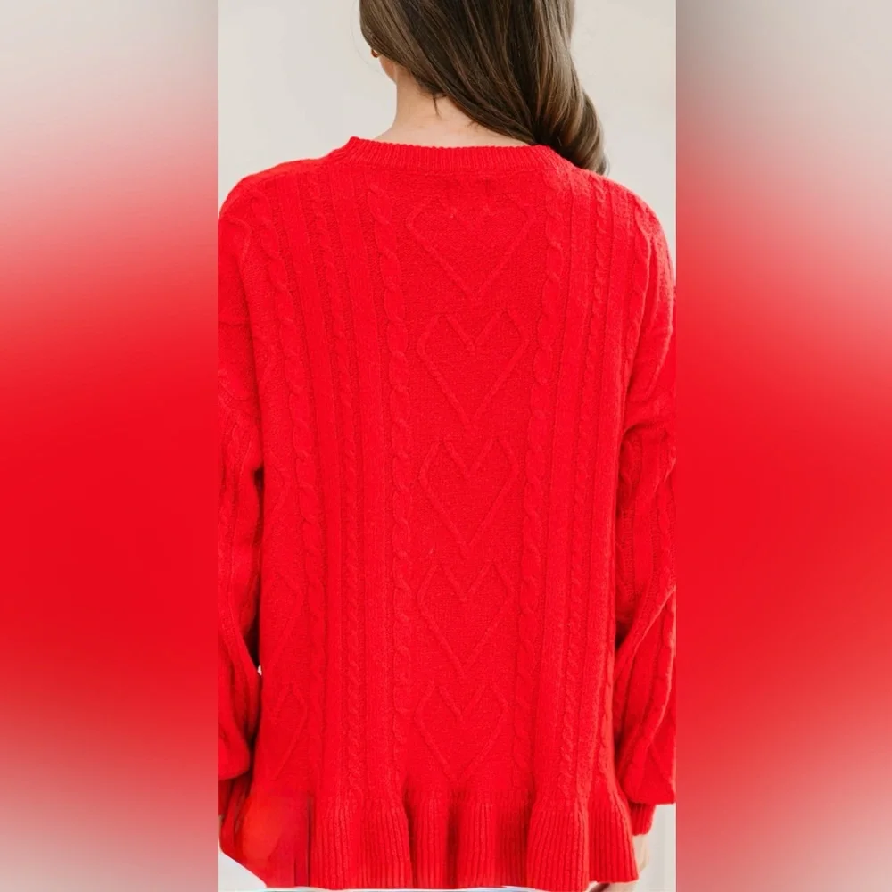 Red Ruffle Cable-Knit Sweater | Crew Neck | S | New | Mint Julep Boutique - Picture 5 of 10
